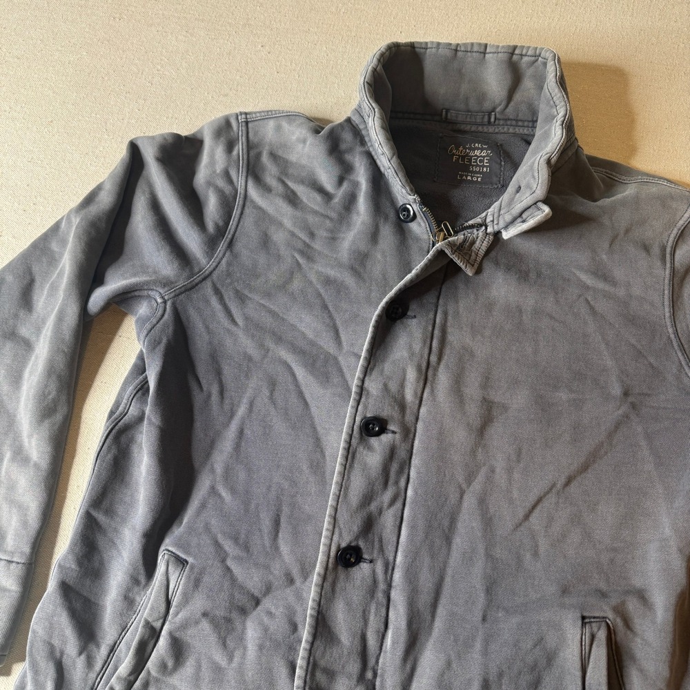 J.Crew Mens Gray Distressed Cotton Outerwear Fleece Button Front Jacket Large